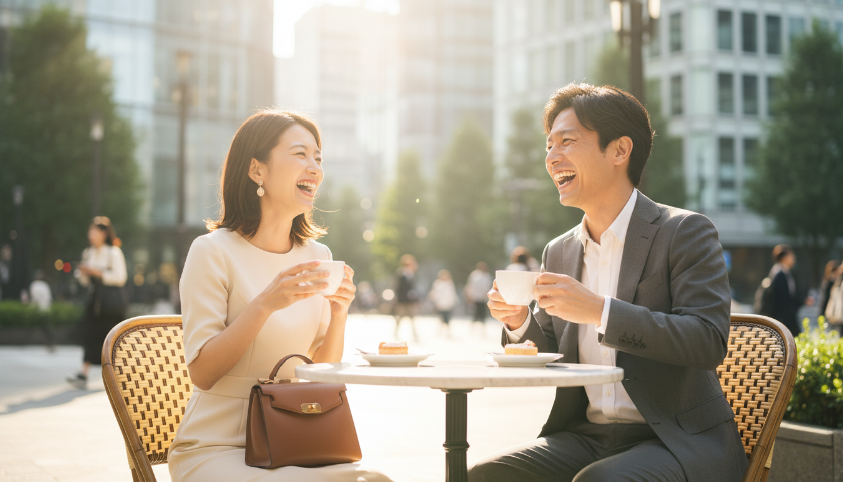 満開の桜の中で幸せなカップル